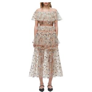 Self-Portrait Star Embellished Mesh Nude Midi Dress US 8